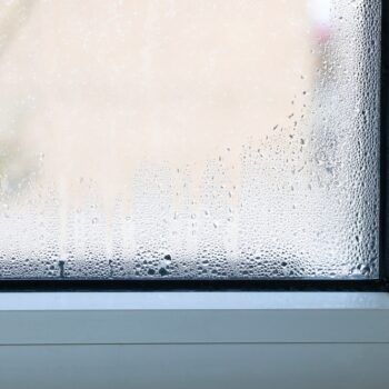 A close up of a window with condensation forming on the glass, a top sign of window seal failure