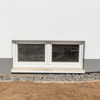 Closeup of a basement hopper window from the outside