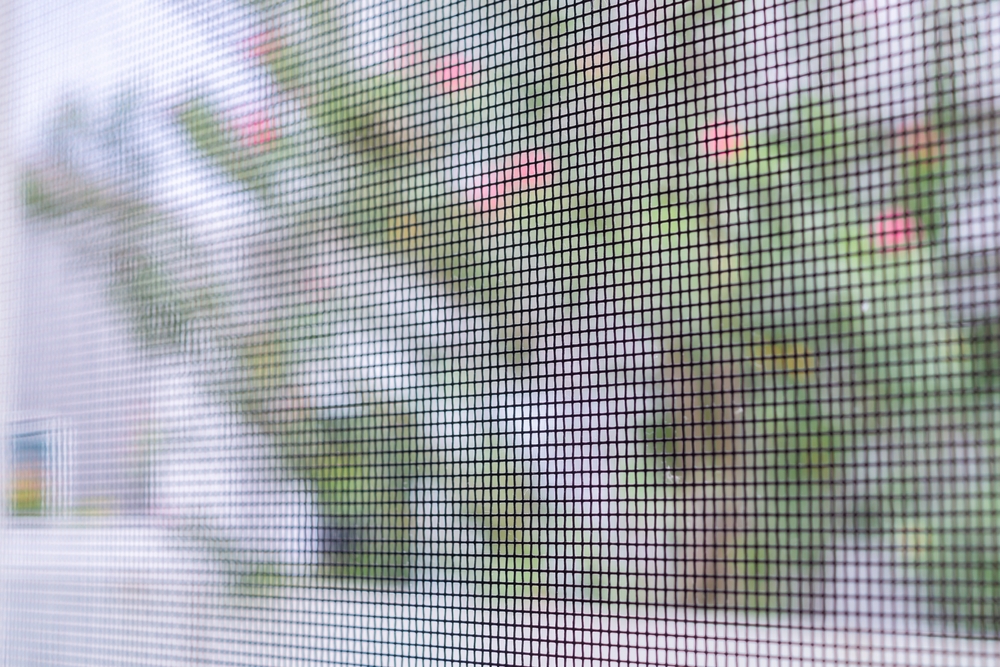 Closeup of a window screen overlooking a residential yard.